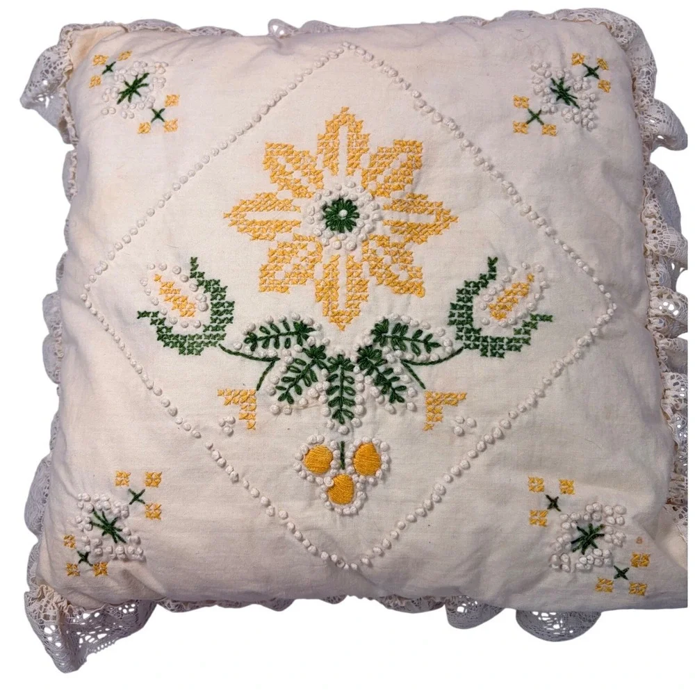 Vintage Handmade Embroidered Floral Lace Trim Throw Pillow Cottagecore Cream